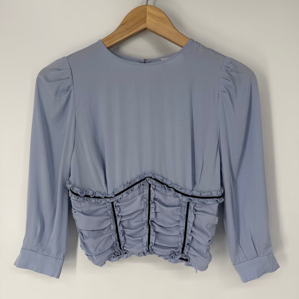 fleur du mal Love Bound Ruched Stretch Silk Top Ruffle Puff Sleeve Corset Blouse - Picture 3 of 12
